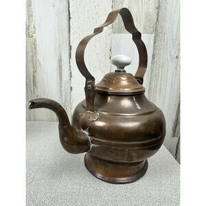 Folk Art COPPER Tea Pot Kettle Patina Vintage Hand Made Porcelain Knob